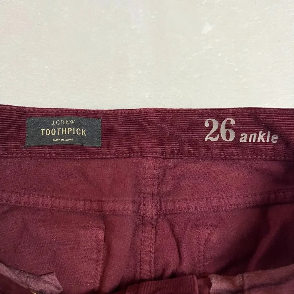 J. Crew Toothpick Corduroy Ankle Pants Size 26 Holidays Preppy Y2K Hipster Boho